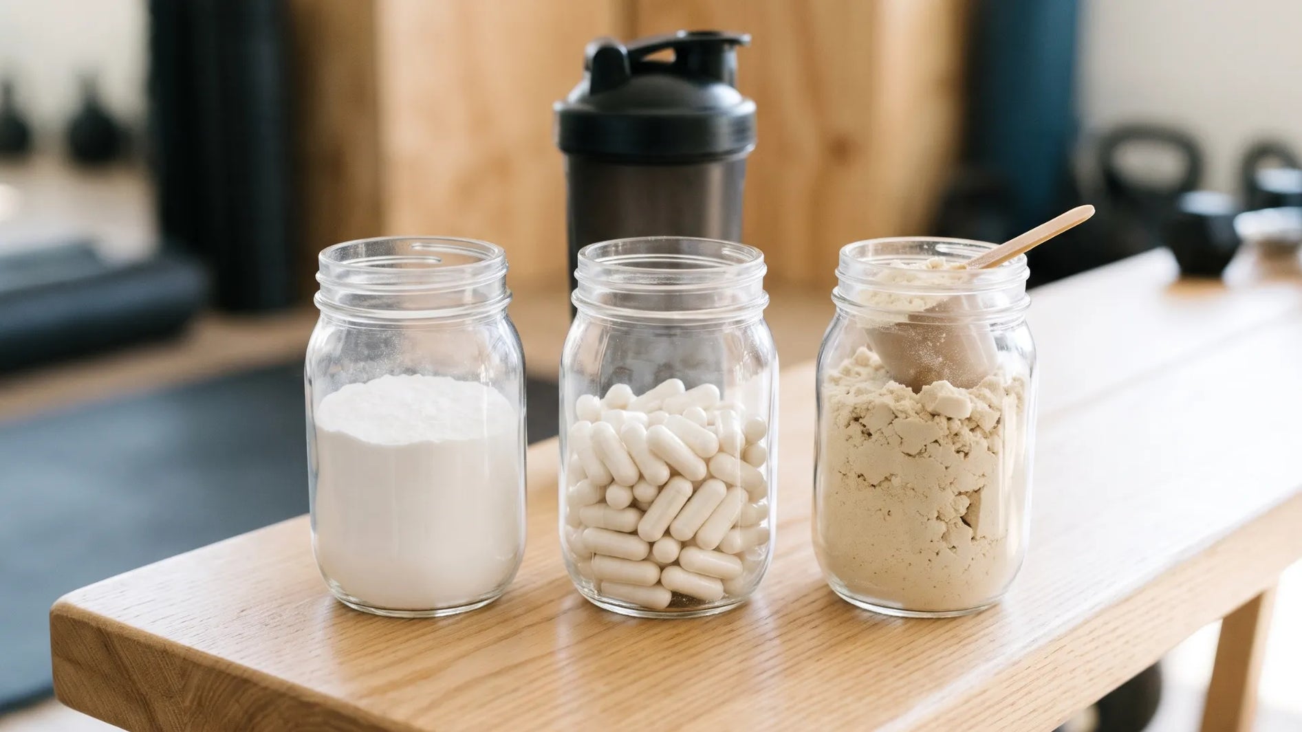 BCAA powder, amino acid capsules and protein powder side by side – BCAA vs EAA vs protein powder