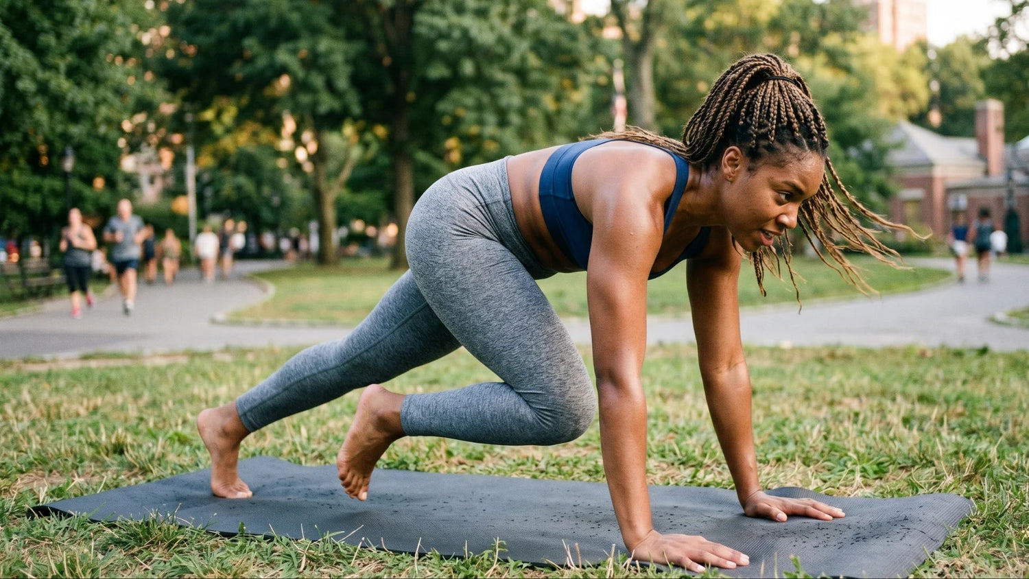 Woman doing HIIT workout outdoors on yoga mat – exercise for PCOS