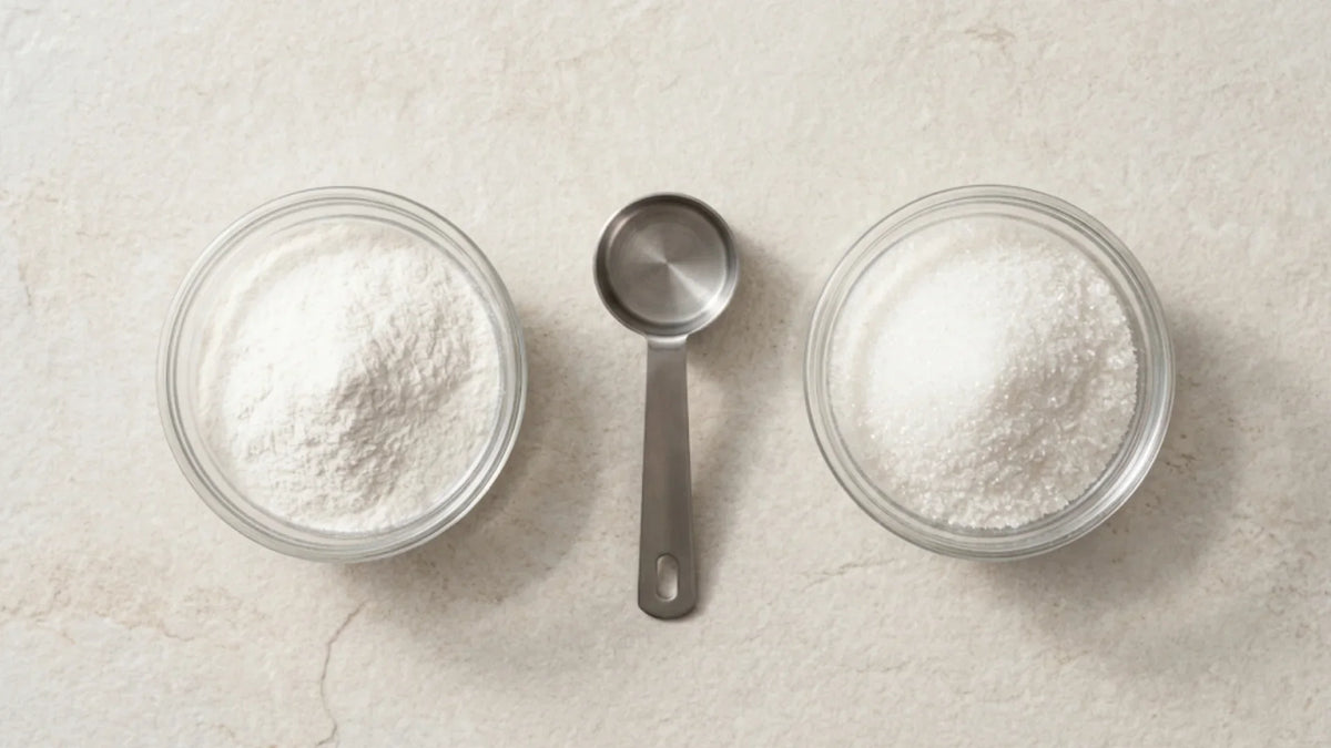 Two bowls comparing fine micronised creatine powder and coarser creatine monohydrate with a stainless steel 5 g scoop