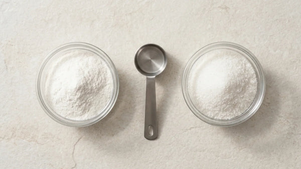 Two bowls comparing fine micronised creatine powder and coarser creatine monohydrate with a stainless steel 5 g scoop