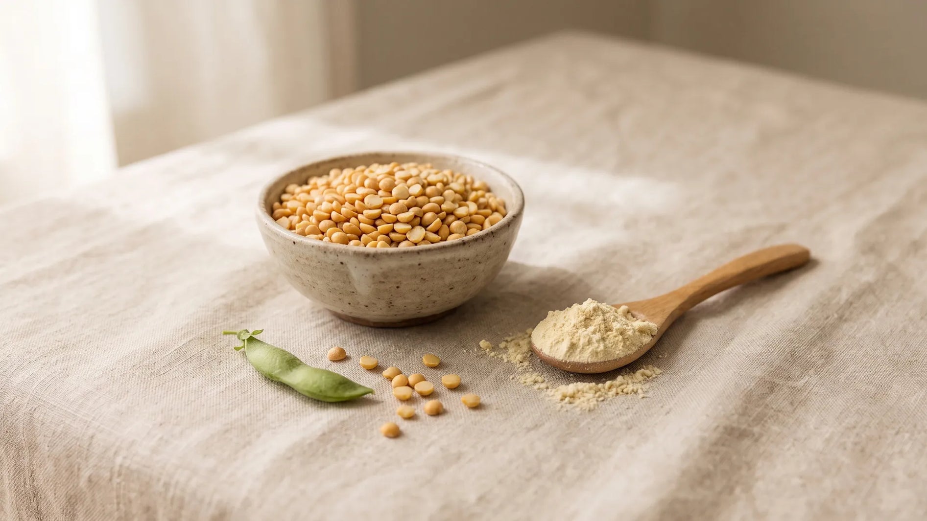 Dried yellow split peas in a ceramic bowl next to a wooden spoon of fine pea protein powder on a linen surface