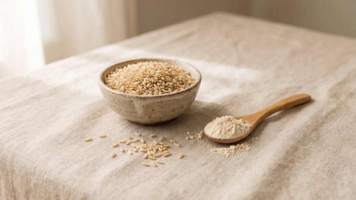 Uncooked brown rice in a ceramic bowl next to a wooden spoon of fine rice protein powder on a linen surface