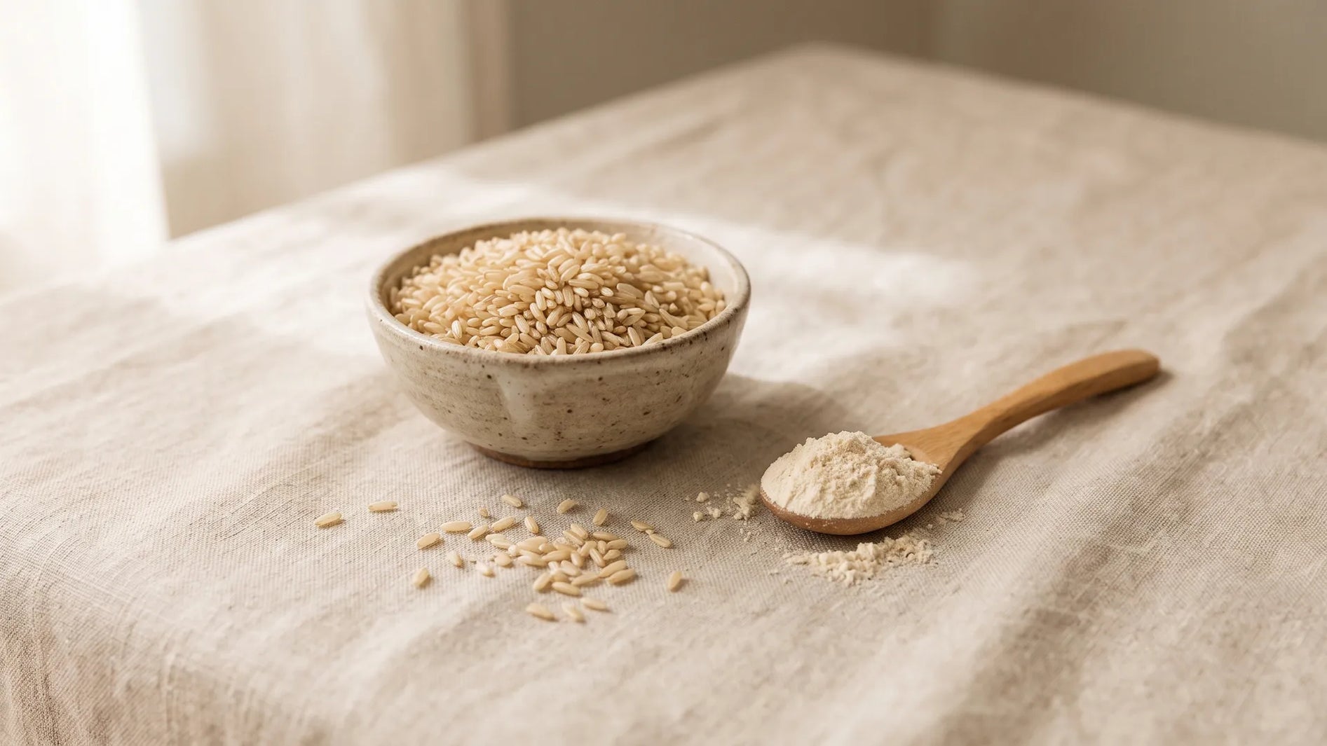Uncooked brown rice in a ceramic bowl next to a wooden spoon of fine rice protein powder on a linen surface