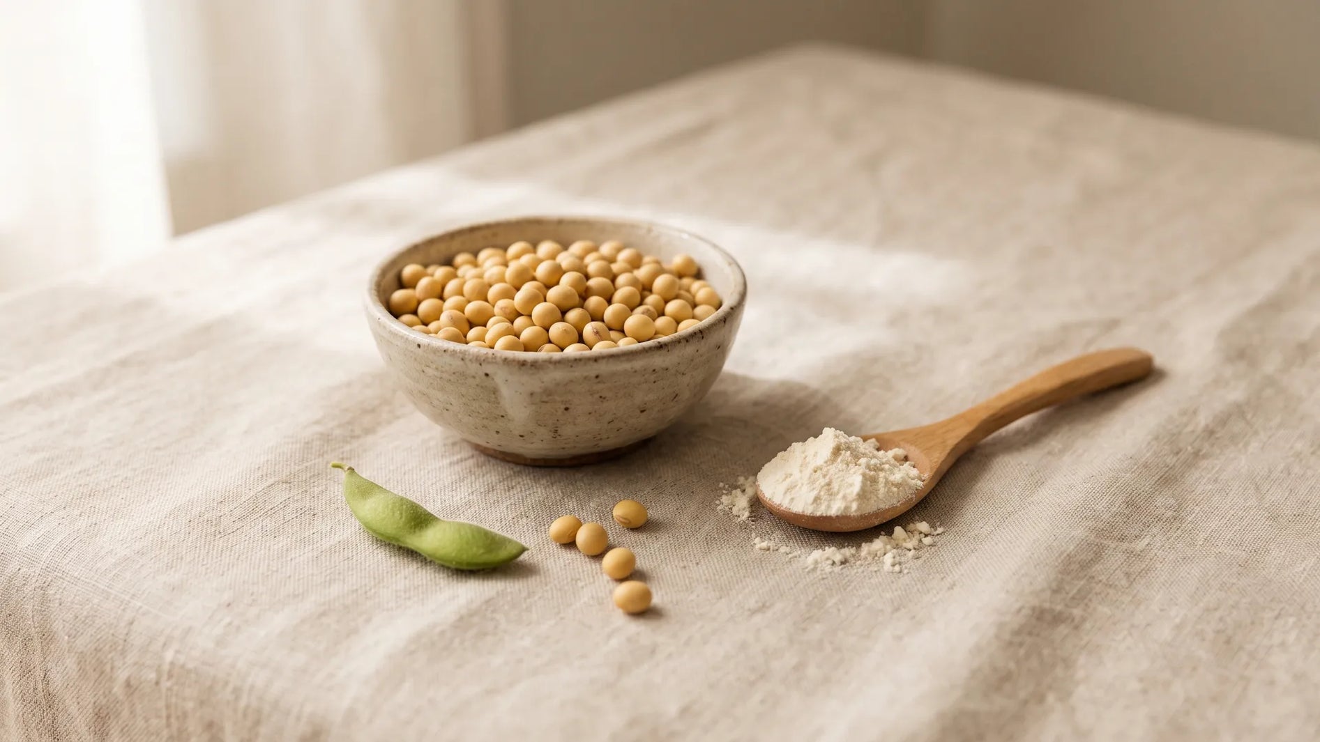 Dry yellow soybeans in a bowl next to a spoon of fine soy protein isolate powder on a linen surface