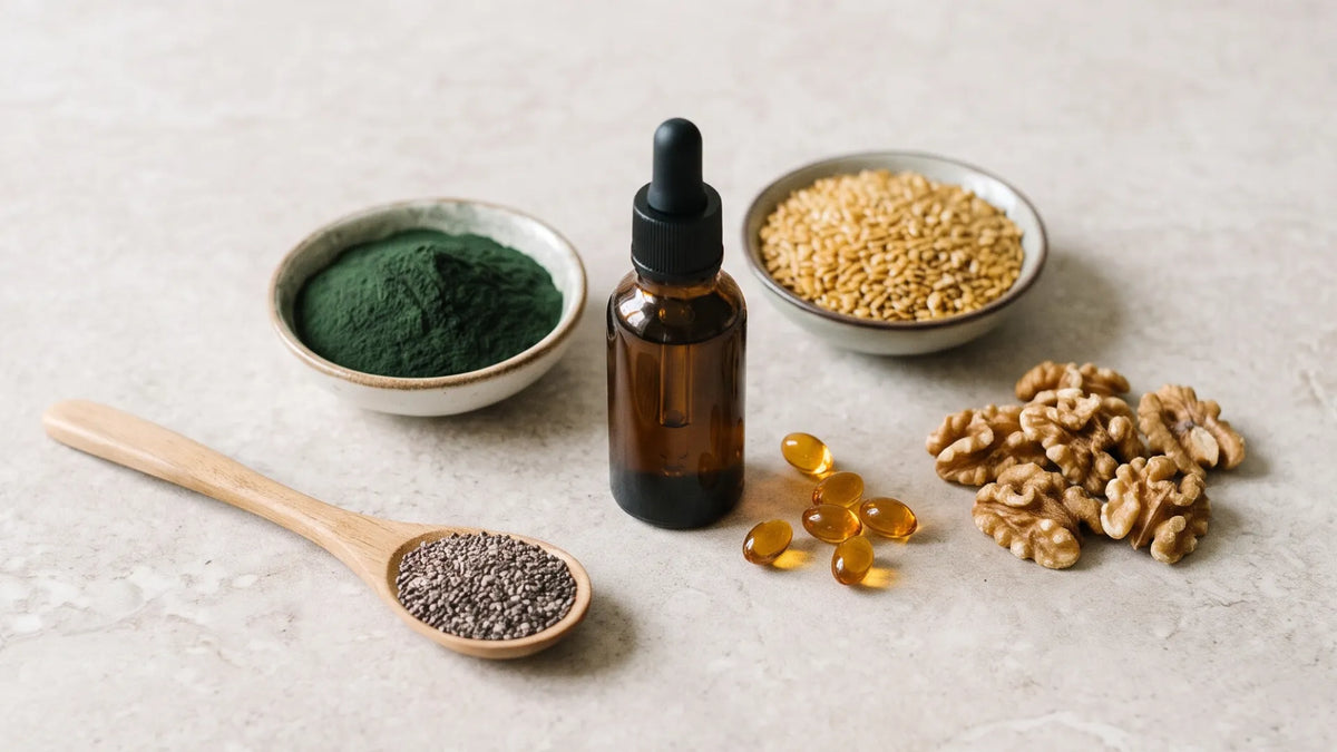 Vegan omega-3 sources – algae oil capsules, flaxseeds, walnuts and chia seeds