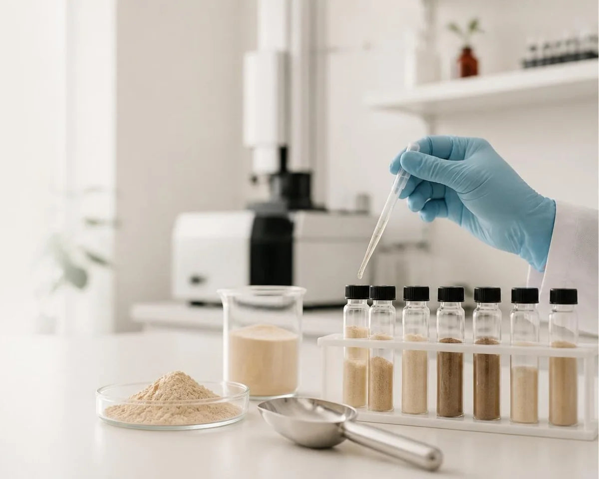 Mano con guante pipeteando en un laboratorio de análisis alimentario junto a viales con muestras de proteína vegetal en polvo
