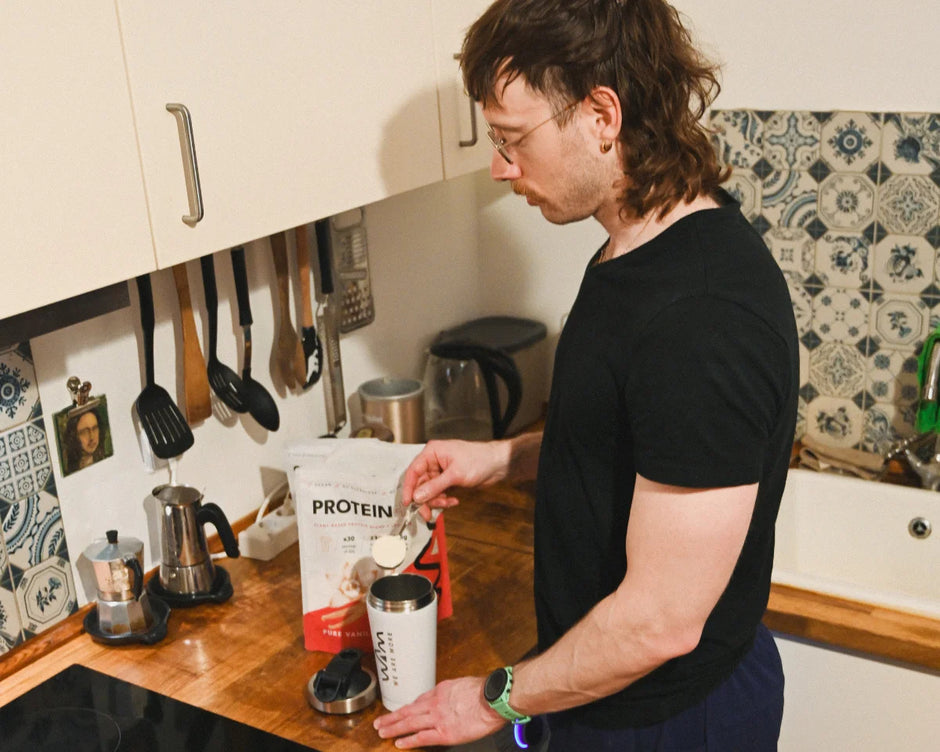 Mixing a WAM Protein shake in the kitchen